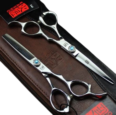 Set of professional 6 inch thinning and trimming scissors including leather-like case - silver color