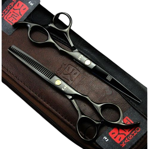 A set of 6 inch thinning and trimming scissors including a leather-like case - black color