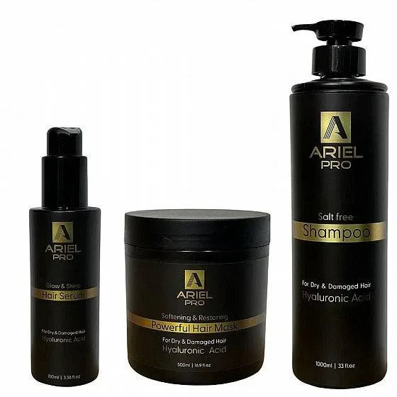 ערכה לשיקום השיער: שמפו,מסכה וסרום מבית ArielPRO - הסדרה השחורה, יופילי