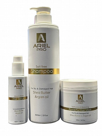 Набор для восстановления волос: шампунь, маска и сыворотка от ArielPRO - белая серия.