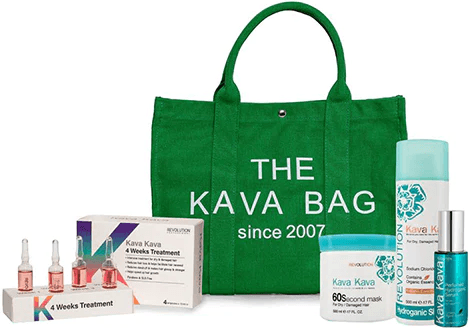 Kava Kava в зеленой сумке содержится 60-секундное наращивание для ухода за волосами.