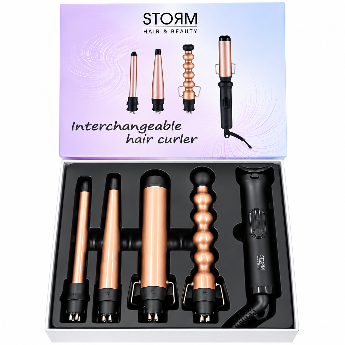 ערכת מסלסל שיער STORM טיטניום 4 ב־1 עם ארבעה ראשים מתחלפים במארז פתוח